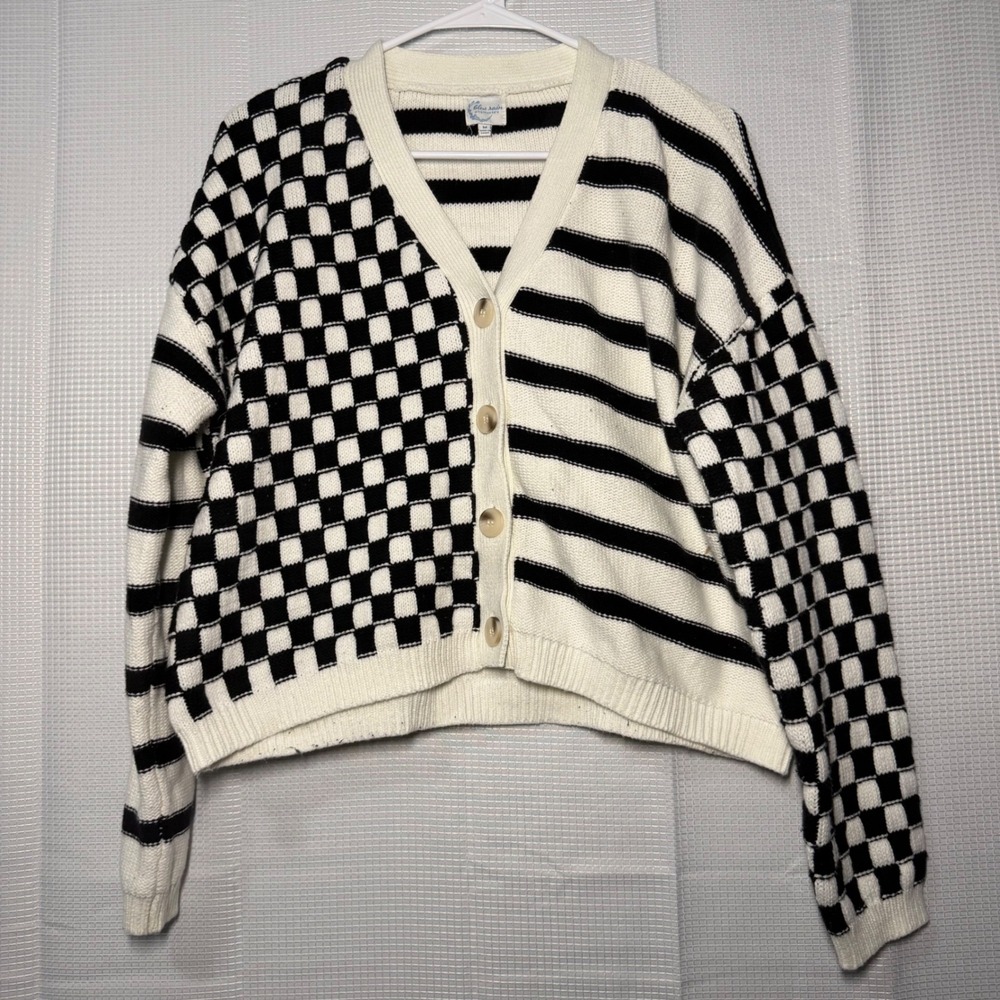 Blue Rain‎ Francesca's Cardigan M Black White Checkerboard Striped Split Knit